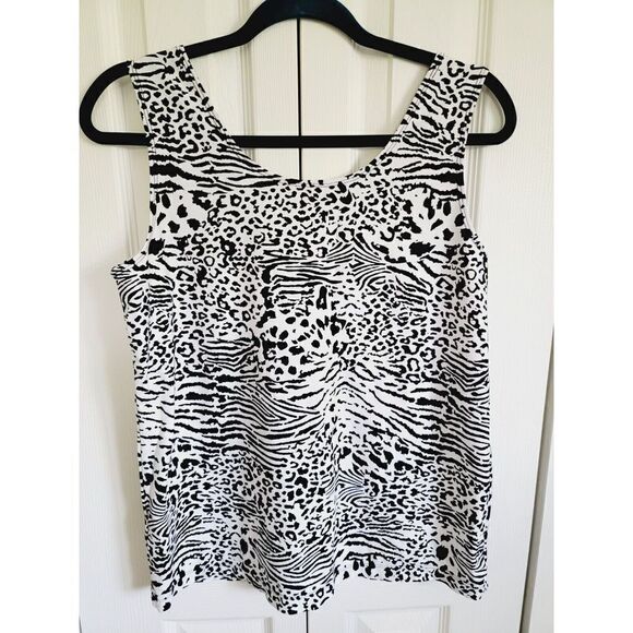 Chico's 2 Black White Pullover Tank Top Animal Print Stretch Wide Straps - Picture 2 of 5